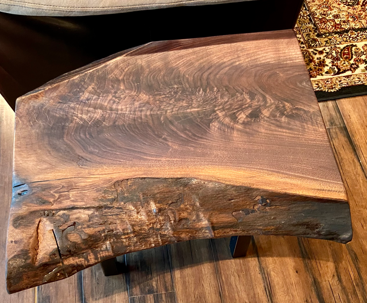 Figured Live Edge Walnut Wood End Table|Live Edge Accent Table| Live Edge Side Table|Rustic Plant Stand|Rough Sawn Black Walnut Wood Table