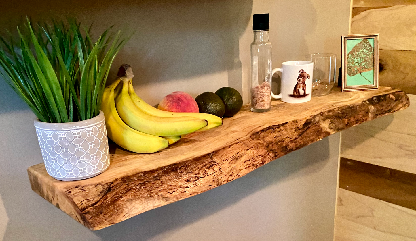 Live Edge Spalted Maple Wood Floating Shelf|Ambrosia Maple Natural Edge Wood Shelf|Rustic Live Edge Maple|Live Edge Maple Wood Mantel Ledge