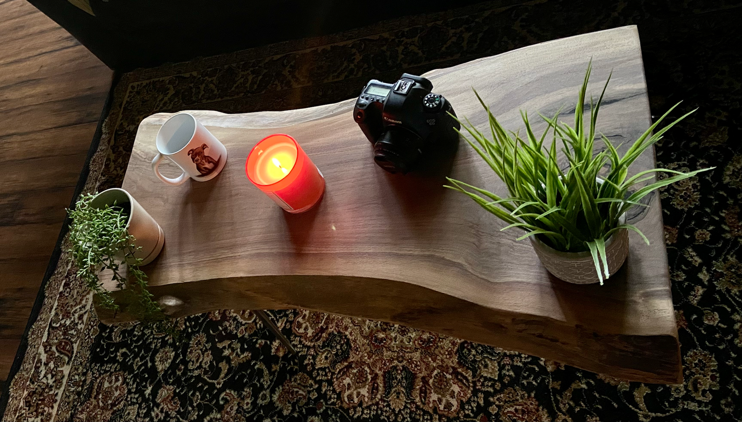 SET - Rustic Live Edge Walnut Wood Coffee Table and Live Edge Walnut Floating Shelf Furniture Set