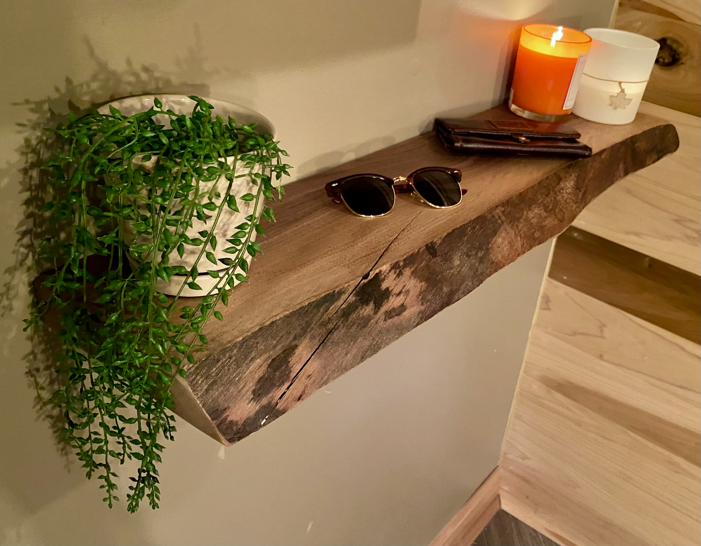SET - Rustic Live Edge Walnut Wood Coffee Table and Live Edge Walnut Floating Shelf Furniture Set