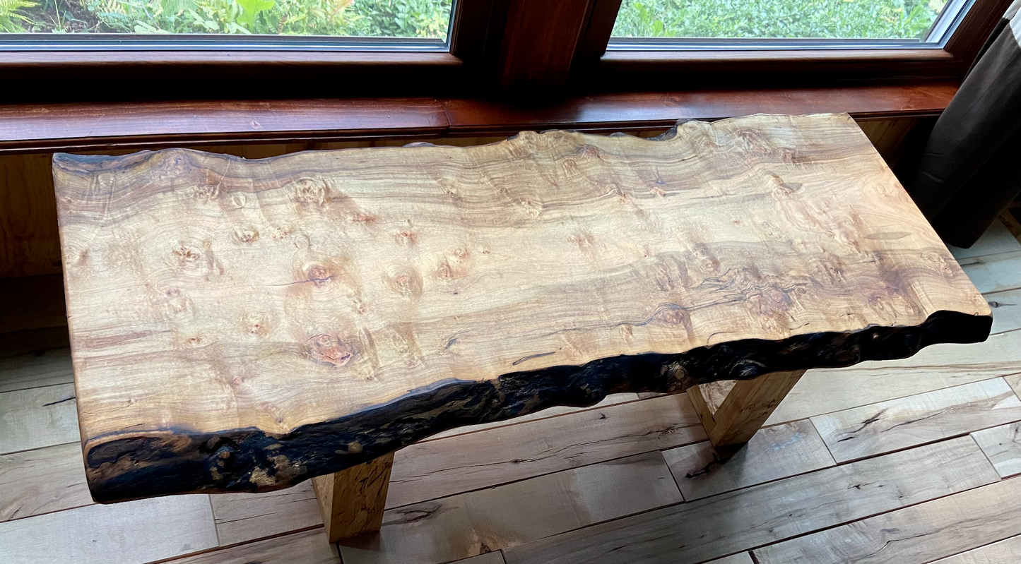 Live Edge Curly Maple Burl Wood Coffee Table with Spalting & Bird's Eye