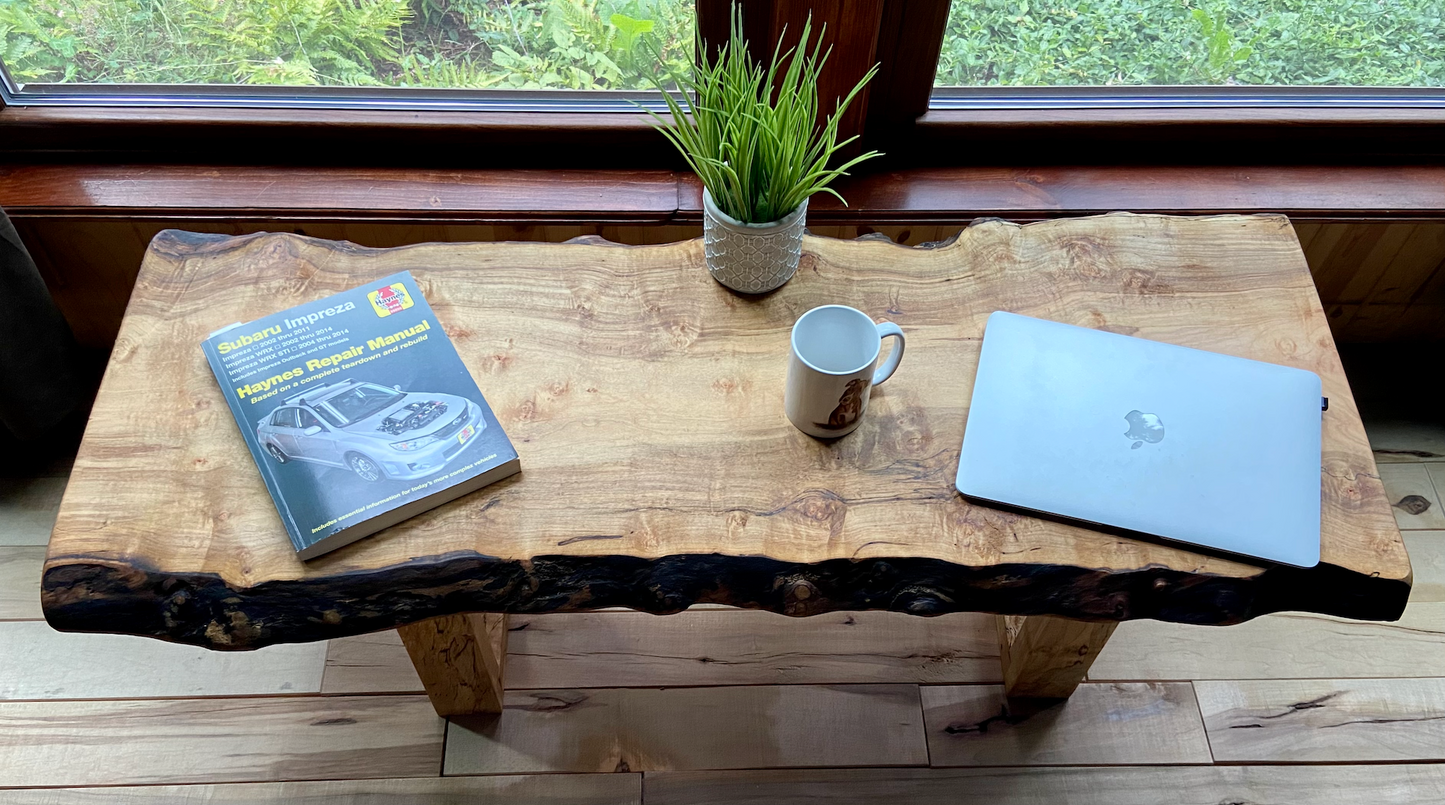 Live Edge Curly Maple Burl Wood Coffee Table with Spalting & Bird's Eye