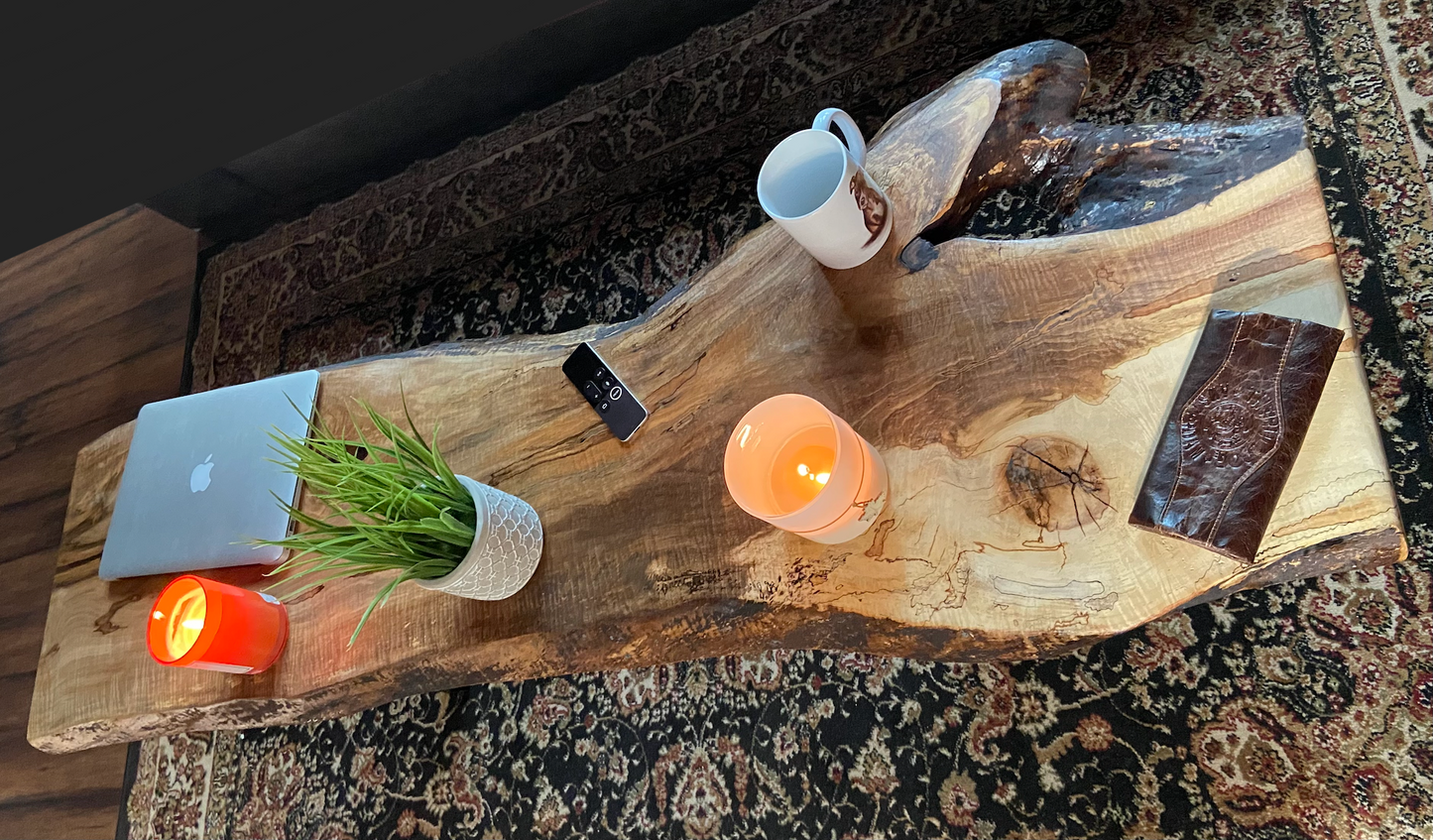 Long Raw Edge Stunning Curly Maple Wood Coffee Table|Live Edge Maple Table|Ambrosia Maple Live Edge Entryway Table|Media Wood Console Table