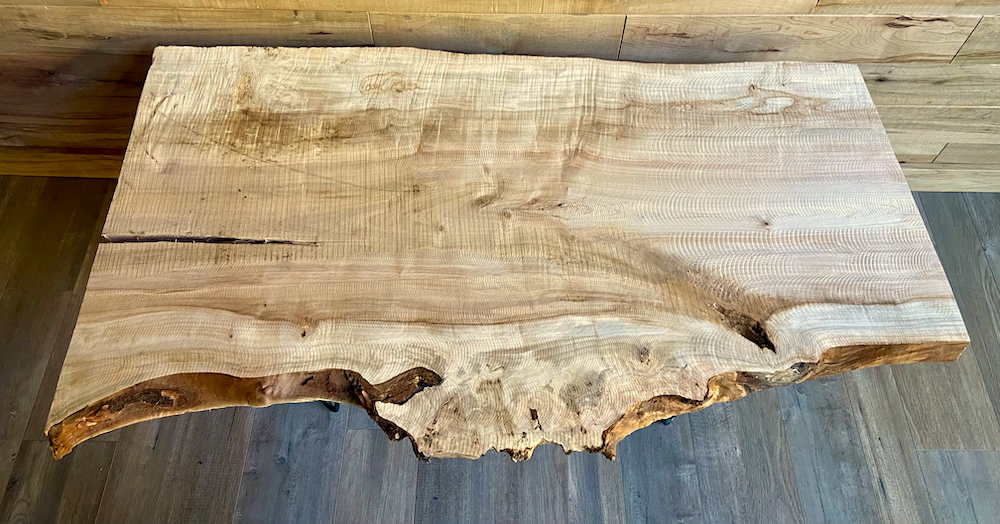 Rustic Furniture Set: Live Edge Burl Maple Coffee Table and Matching Maple Floating Shelf