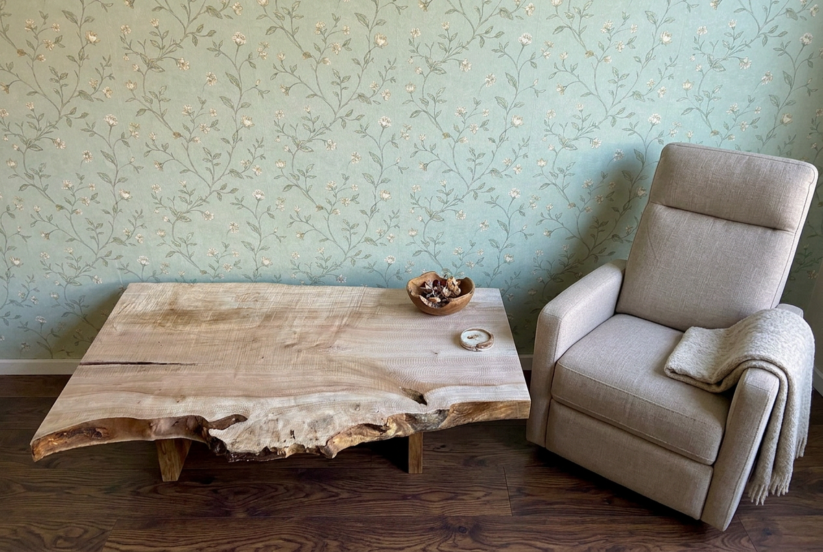 Rustic Furniture Set: Live Edge Burl Maple Coffee Table and Matching Maple Floating Shelf