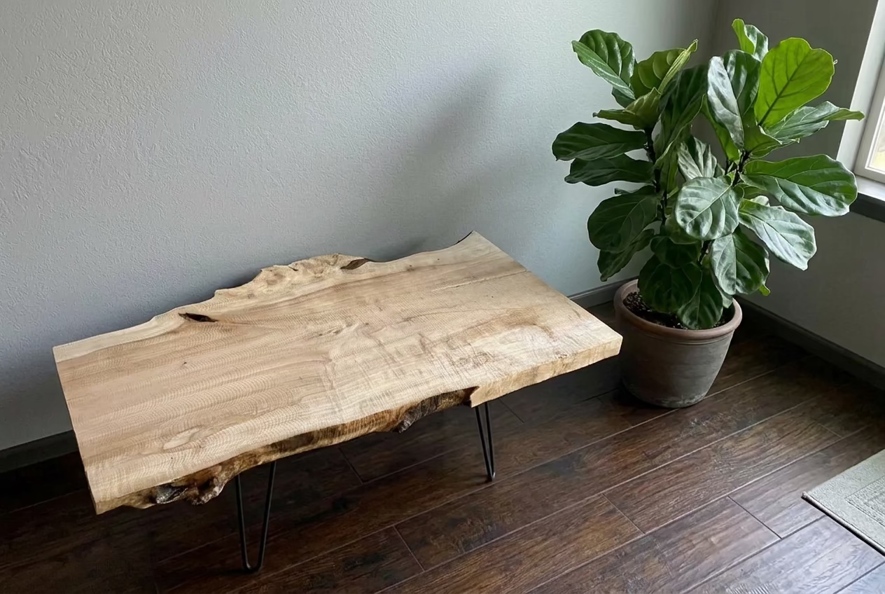 Rustic Furniture Set: Live Edge Burl Maple Coffee Table and Matching Maple Floating Shelf