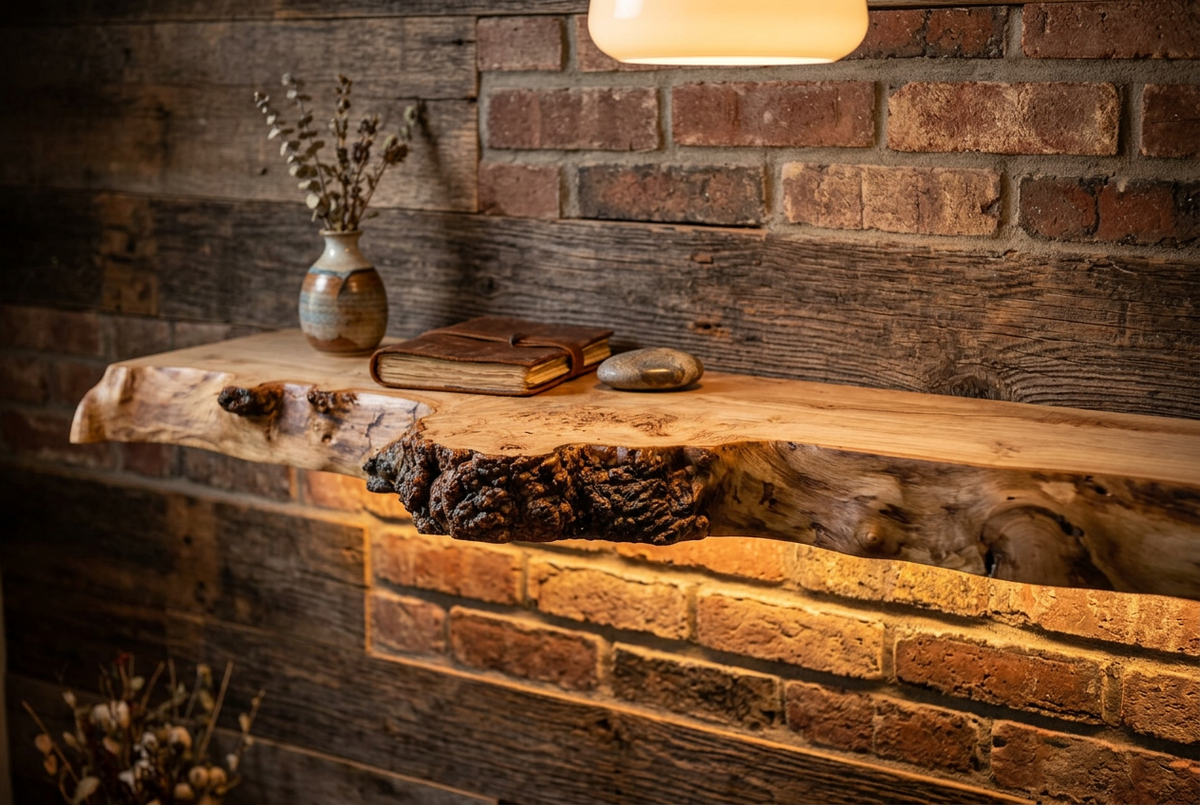 Rustic Furniture Set: Live Edge Burl Maple Coffee Table and Matching Maple Floating Shelf
