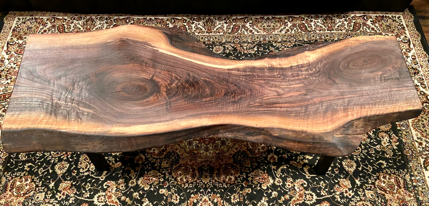 Gorgeously Patterned & Uniquely Shaped Live Edge Walnut Coffee Table|Live Edge Media Console Table | Rustic Live Edge Wood Display Table
