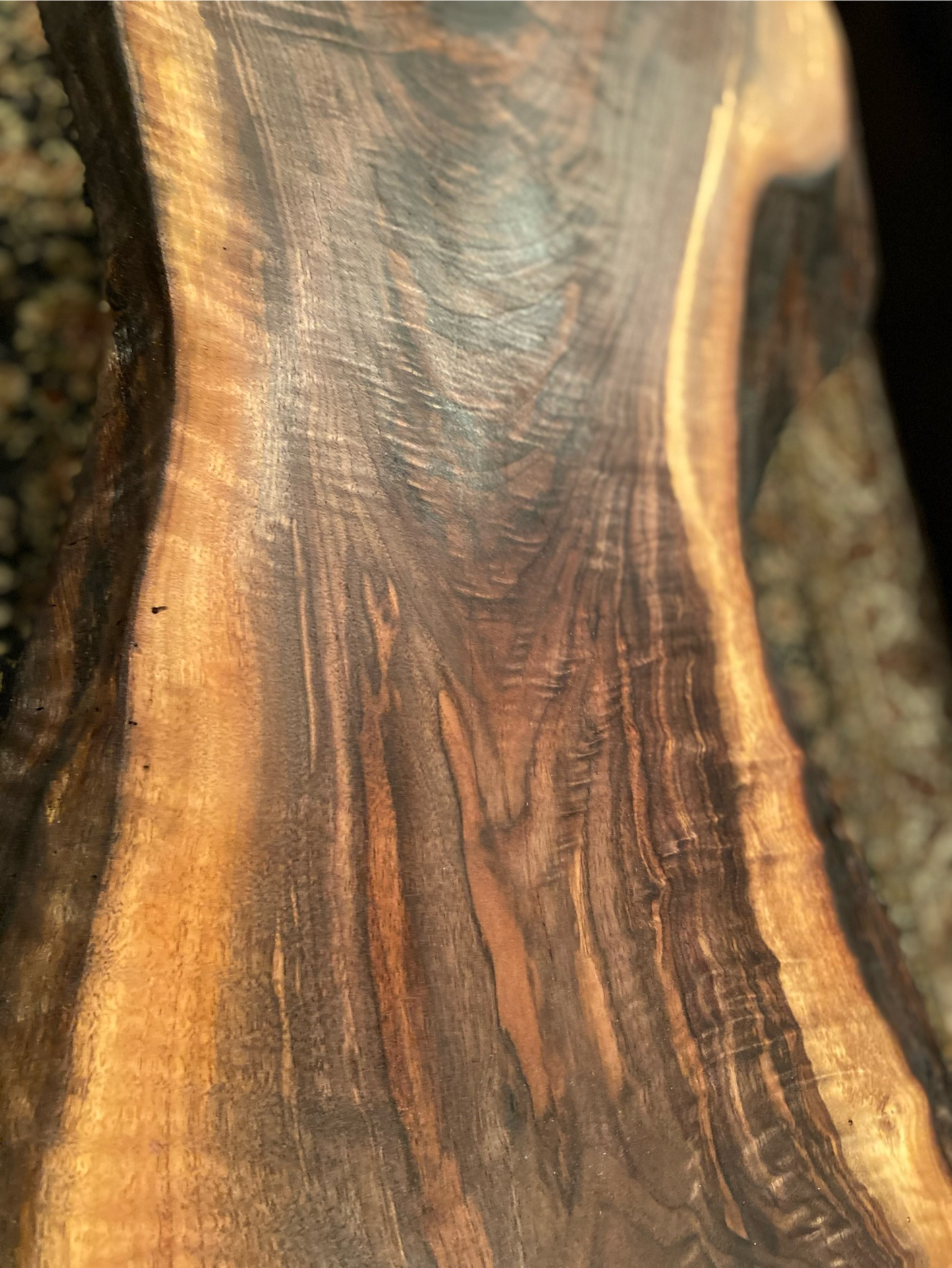 Gorgeously Patterned & Uniquely Shaped Live Edge Walnut Coffee Table|Live Edge Media Console Table | Rustic Live Edge Wood Display Table