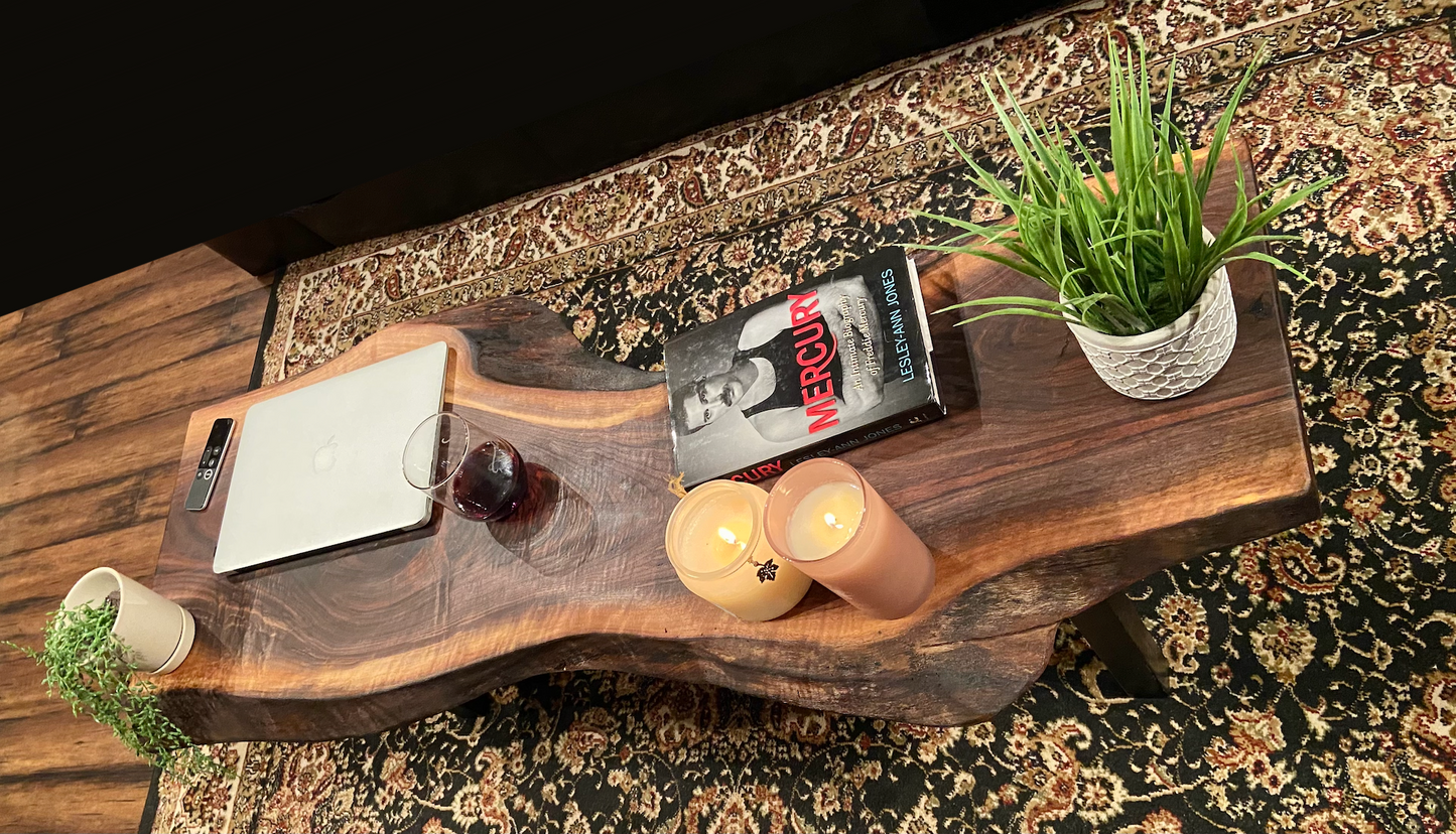 Gorgeously Patterned & Uniquely Shaped Live Edge Walnut Coffee Table|Live Edge Media Console Table | Rustic Live Edge Wood Display Table