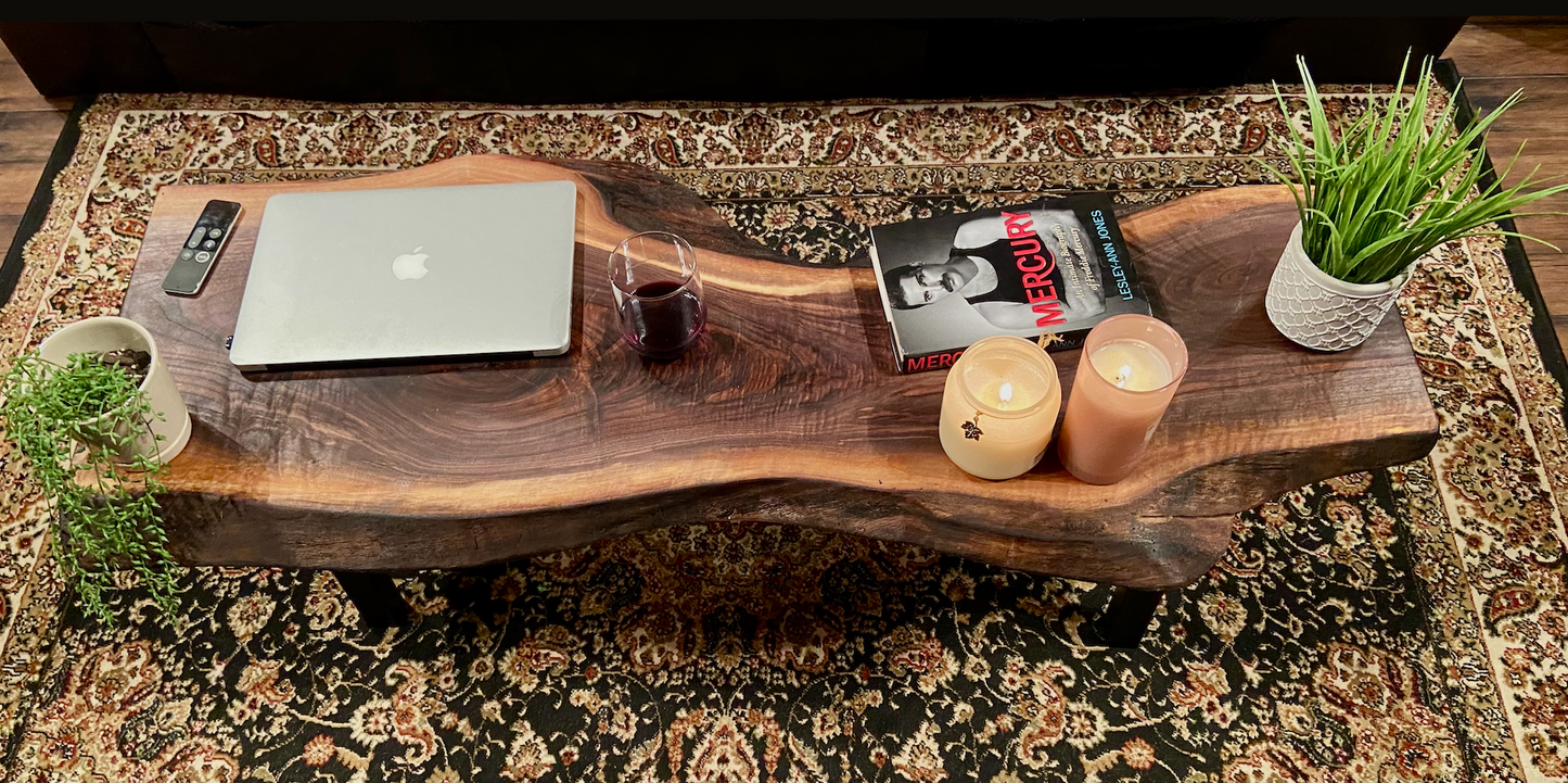 Gorgeously Patterned & Uniquely Shaped Live Edge Walnut Coffee Table|Live Edge Media Console Table | Rustic Live Edge Wood Display Table