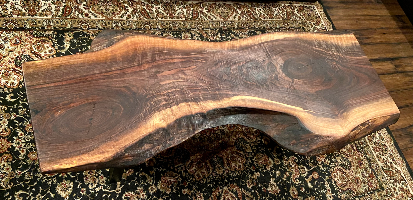 Gorgeously Patterned & Uniquely Shaped Live Edge Walnut Coffee Table|Live Edge Media Console Table | Rustic Live Edge Wood Display Table