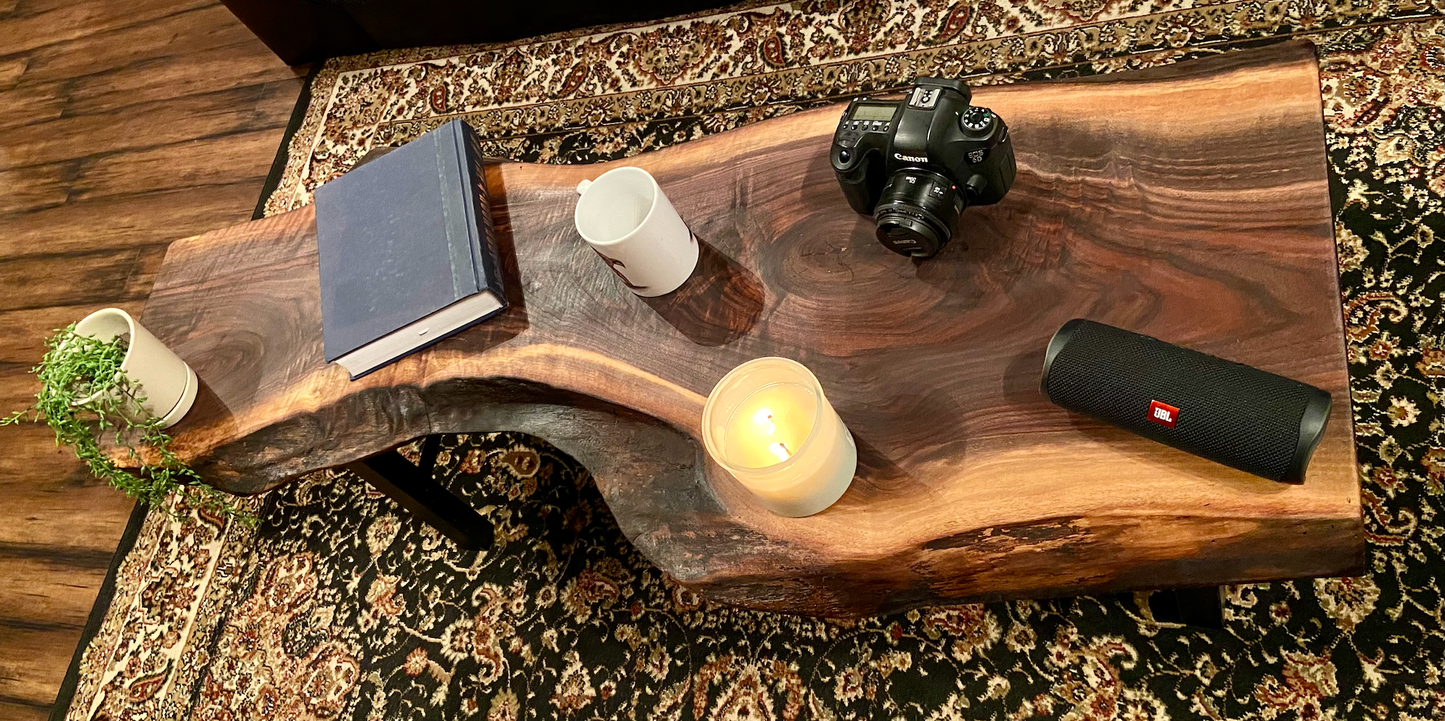 Gorgeously Patterned & Uniquely Shaped Live Edge Walnut Coffee Table|Live Edge Media Console Table | Rustic Live Edge Wood Display Table