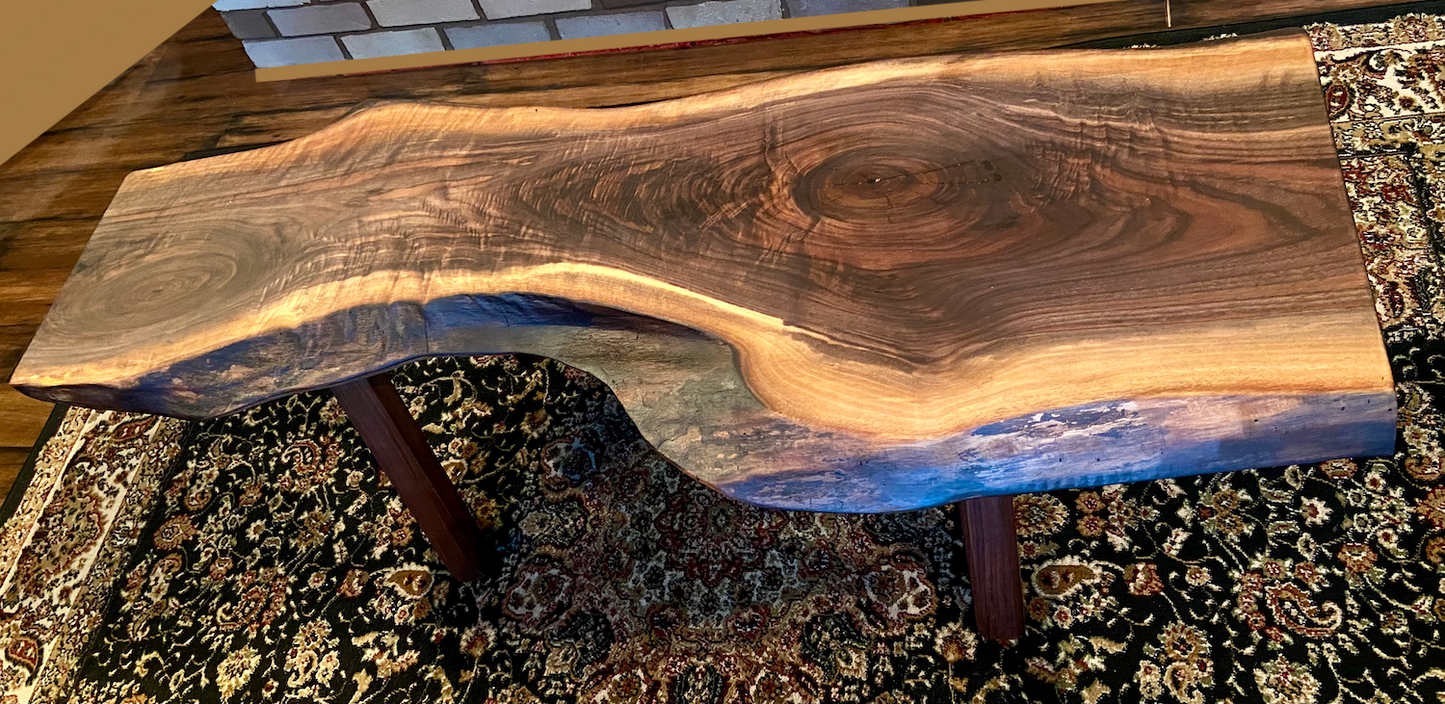 Gorgeously Patterned and Uniquely Shaped Live Edge Walnut Coffee Table or Media Console Table