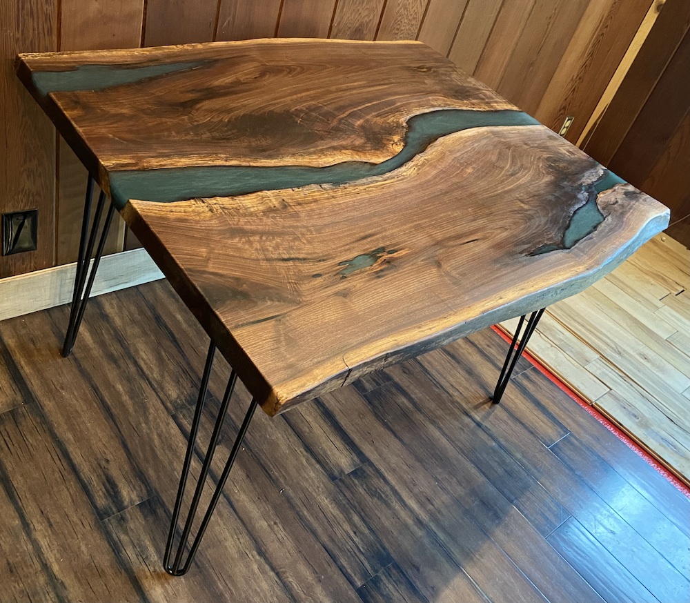 Blue Green Live Edge Walnut Epoxy River Pour Table