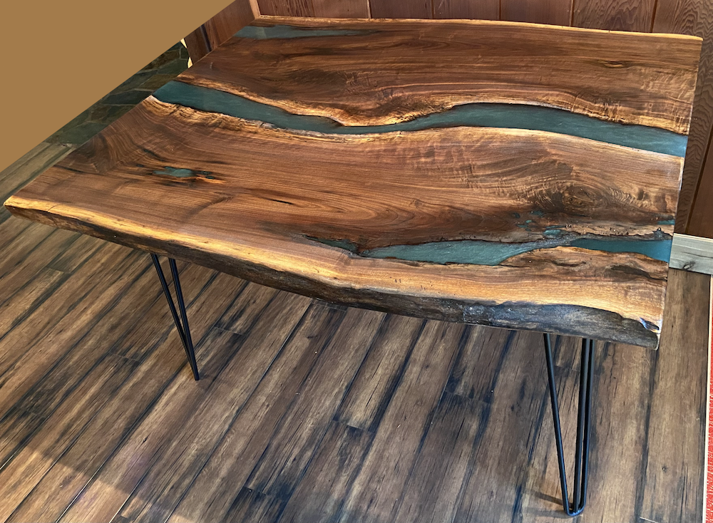 Blue Green Live Edge Walnut Epoxy River Pour Table