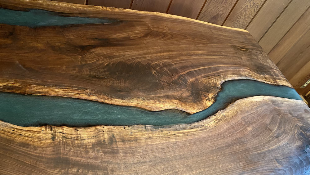 Blue Green Live Edge Walnut Epoxy River Pour Table