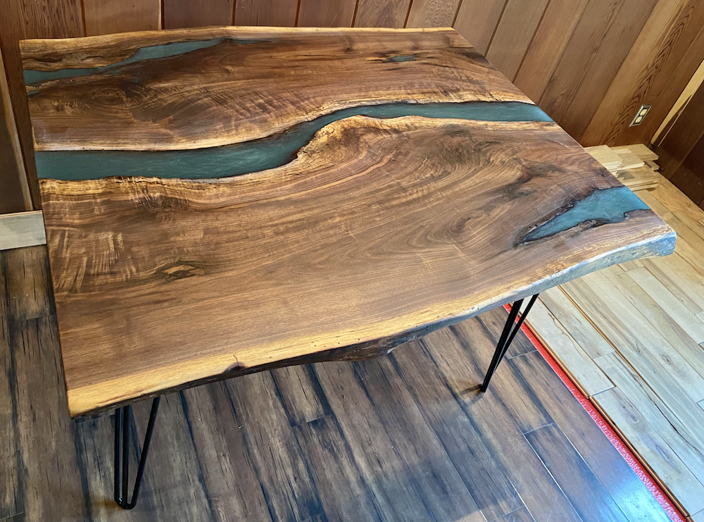 Blue Green Live Edge Walnut Epoxy River Pour Table