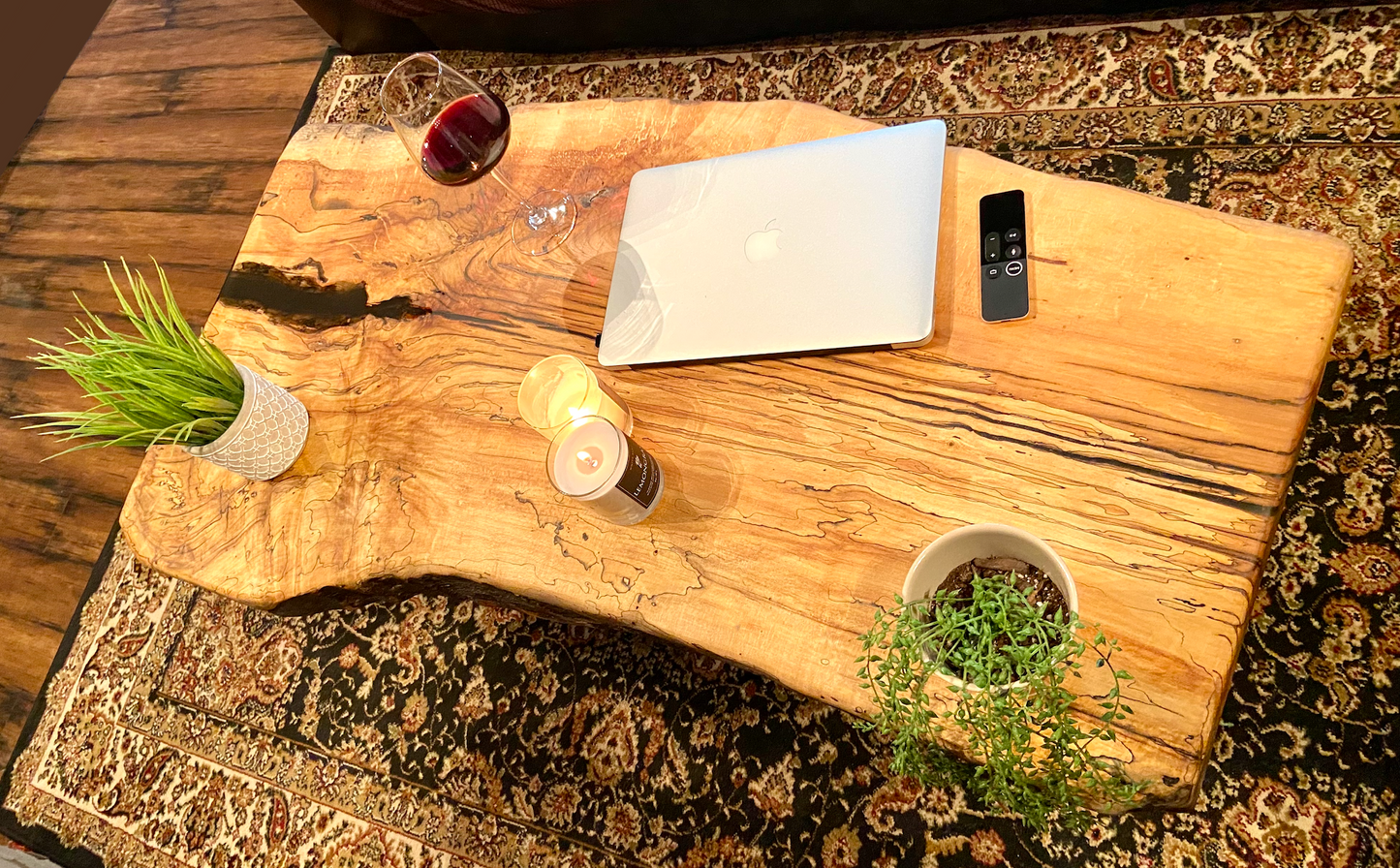 Large Natural Live Edge Wormy Maple Wood Coffee Table|Modern Rustic Coffee Table|Ambrosia Maple Coffee|Live Edge Round Wood Table
