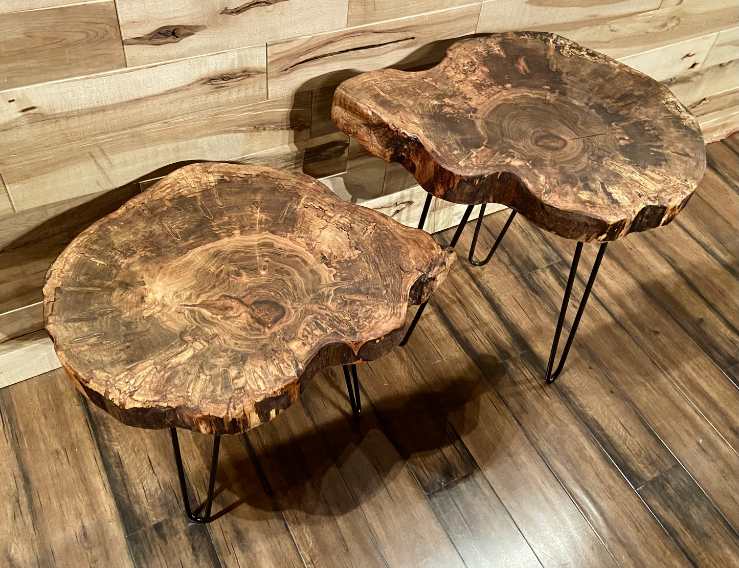 SET of 2 Round Live Edge Ambrosia Maple Accent Tables|Rustic Live Edge Wood End Table|Cross Cut Live Edge Spalted Maple Side Table Set