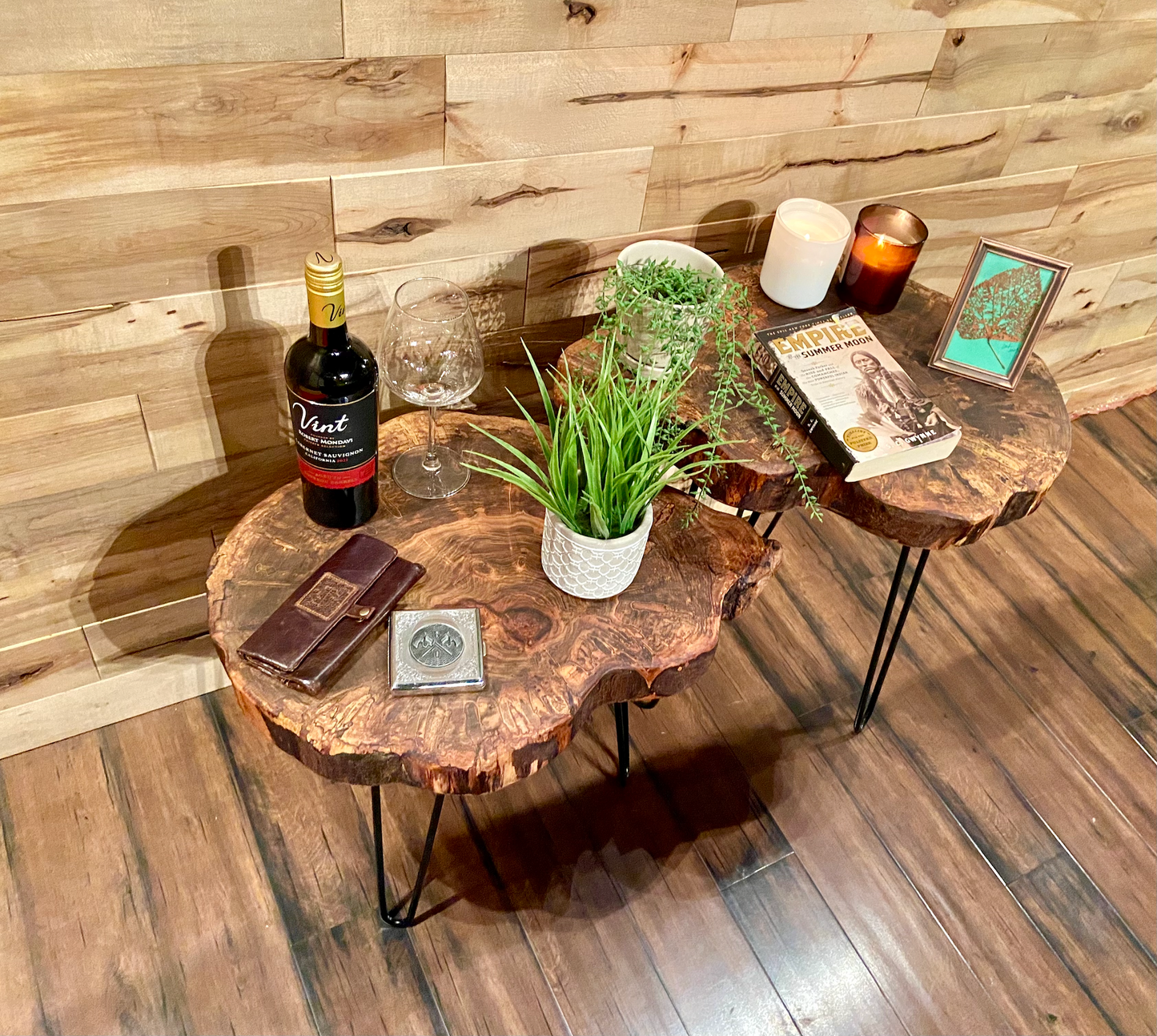 SET of 2 Round Live Edge Ambrosia Maple Accent Tables|Rustic Live Edge Wood End Table|Cross Cut Live Edge Spalted Maple Side Table Set