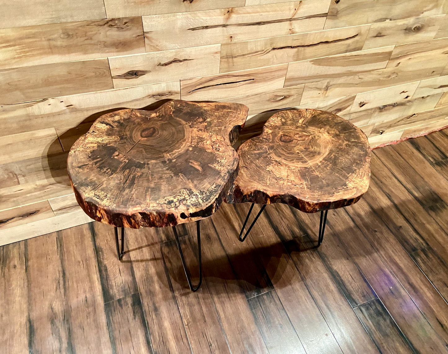 SET of 2 Round Live Edge Ambrosia Maple Accent Tables|Rustic Live Edge Wood End Table|Cross Cut Live Edge Spalted Maple Side Table Set