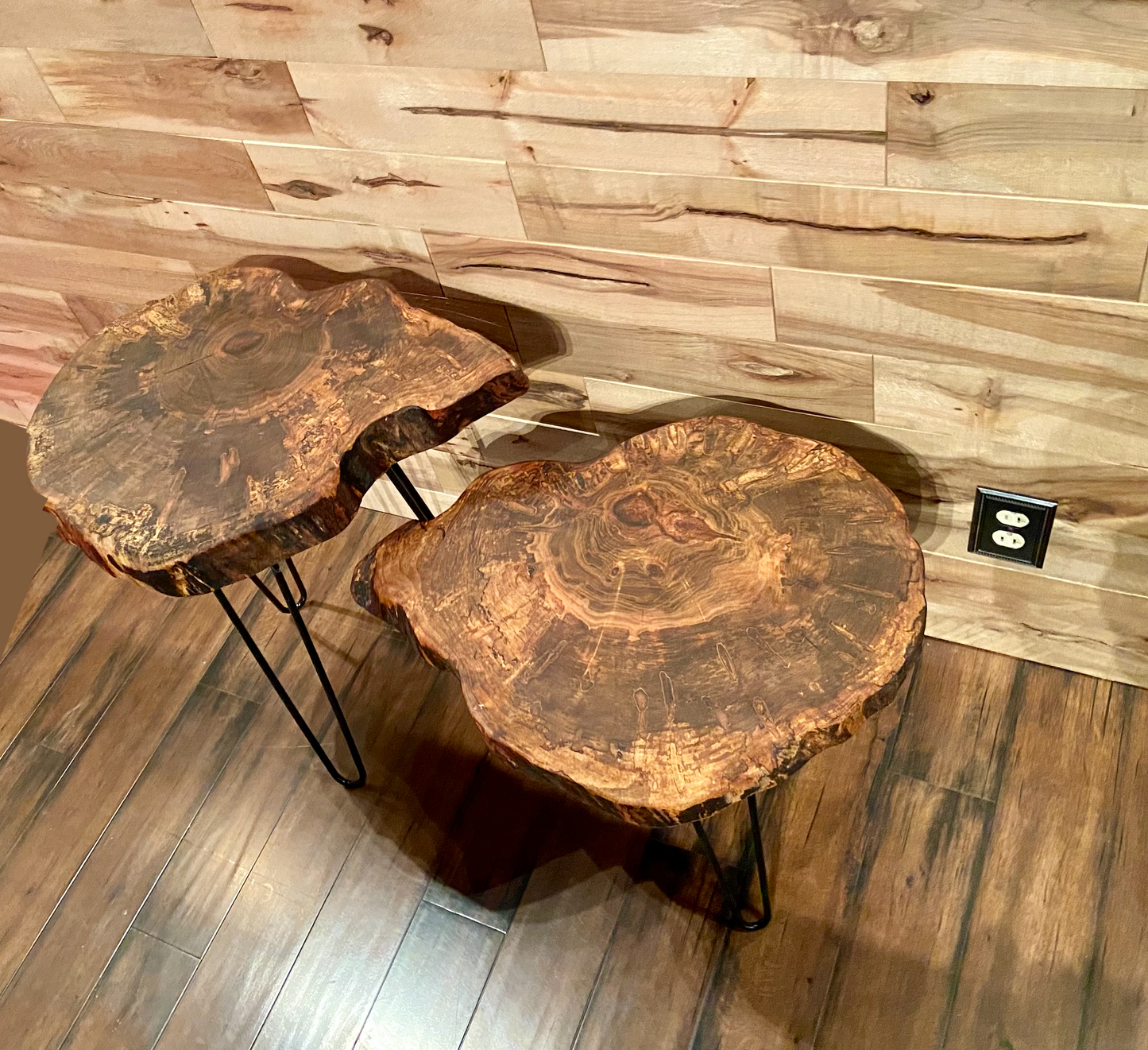 SET of 2 Round Live Edge Ambrosia Maple Accent Tables|Rustic Live Edge Wood End Table|Cross Cut Live Edge Spalted Maple Side Table Set