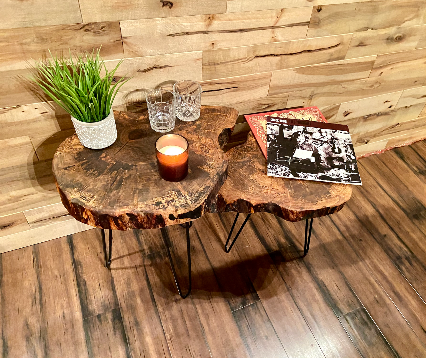 SET of 2 Round Live Edge Ambrosia Maple Accent Tables|Rustic Live Edge Wood End Table|Cross Cut Live Edge Spalted Maple Side Table Set
