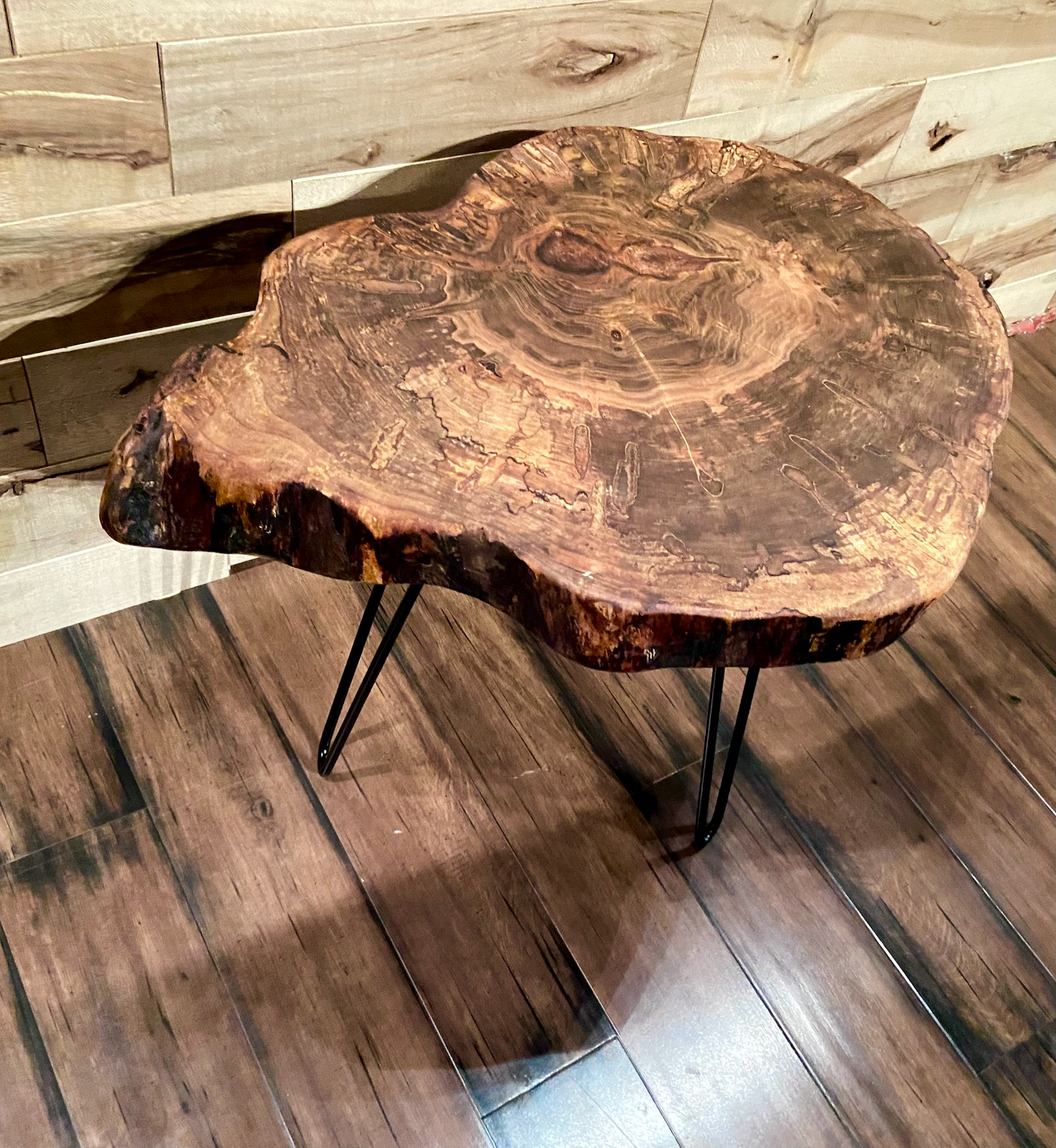 SET of 2 Round Live Edge Ambrosia Maple Accent Tables|Rustic Live Edge Wood End Table|Cross Cut Live Edge Spalted Maple Side Table Set