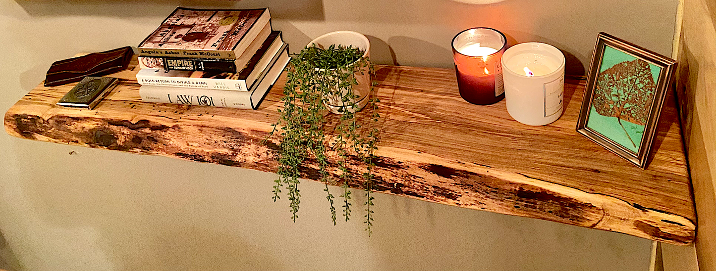 In Stock Live Edge Ambrosia Maple Wood Floating Shelf|Wormy Maple Natural Edge Wood Shelf|Curly Maple Live Edge Rustic Wood Display Shelf