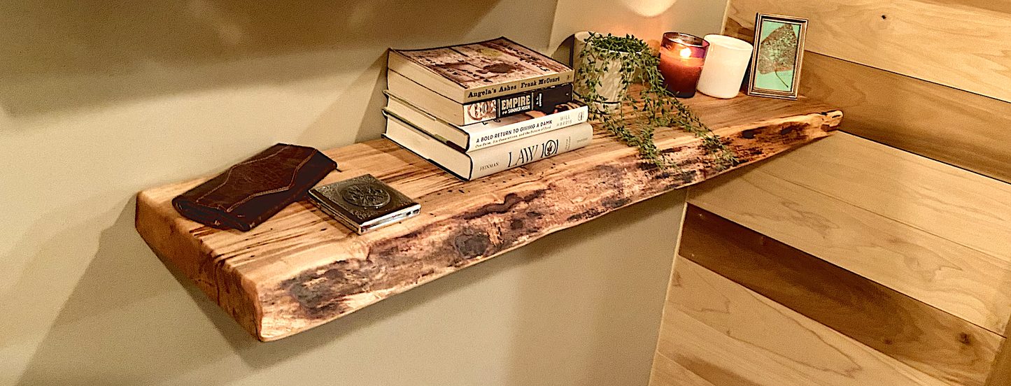 In Stock Live Edge Ambrosia Maple Wood Floating Shelf|Wormy Maple Natural Edge Wood Shelf|Curly Maple Live Edge Rustic Wood Display Shelf