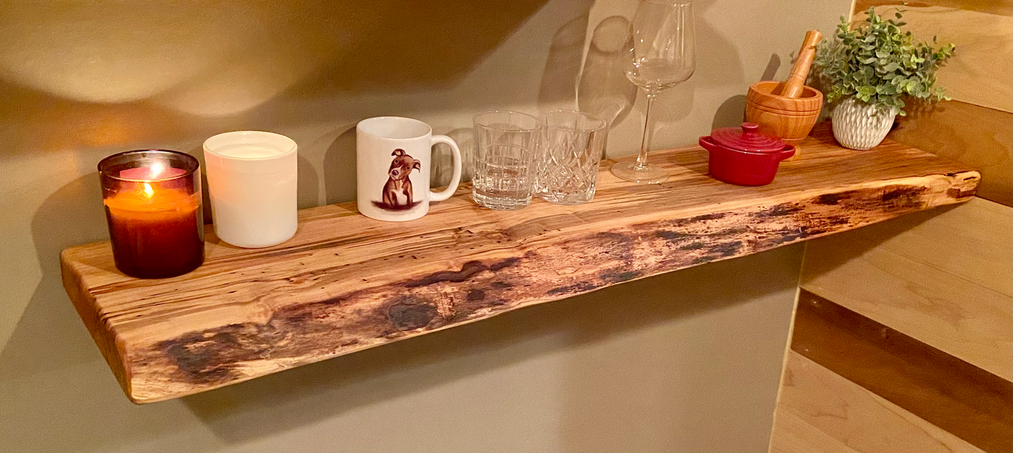 In Stock Live Edge Ambrosia Maple Wood Floating Shelf|Wormy Maple Natural Edge Wood Shelf|Curly Maple Live Edge Rustic Wood Display Shelf