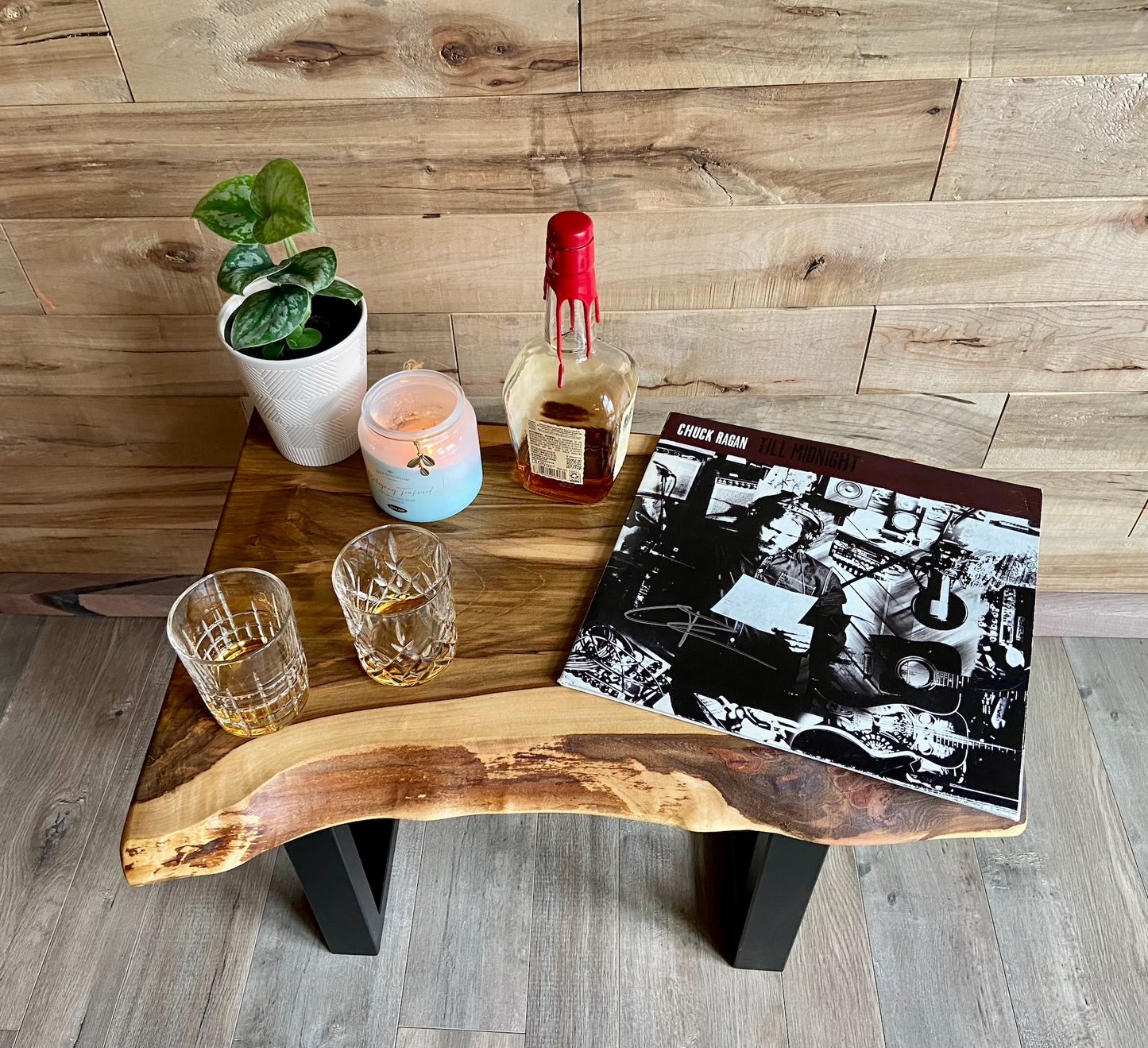 Detailed view of ambrosia maple wood grain, showing natural spalting, color variations, and organic patterns. live edge coffee table made from ambrosia maple, featuring unique grain patterns and a smooth, polished surface. Rustic and modern design. Handcrafted ambrosia maple coffee table styled in a modern living room with a cozy, rustic aesthetic. Top-down view of ambrosia maple coffee table, highlighting natural wood grain, warm tones, and live edge details.