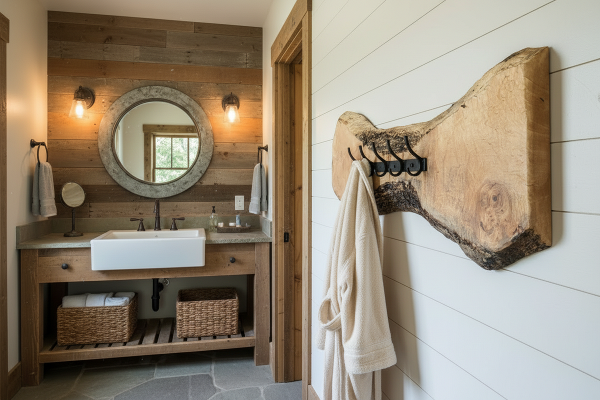Live edge maple coat rack mounted on a wood-paneled wall, featuring 5 matte black metal hooks and natural wood grain patterns.