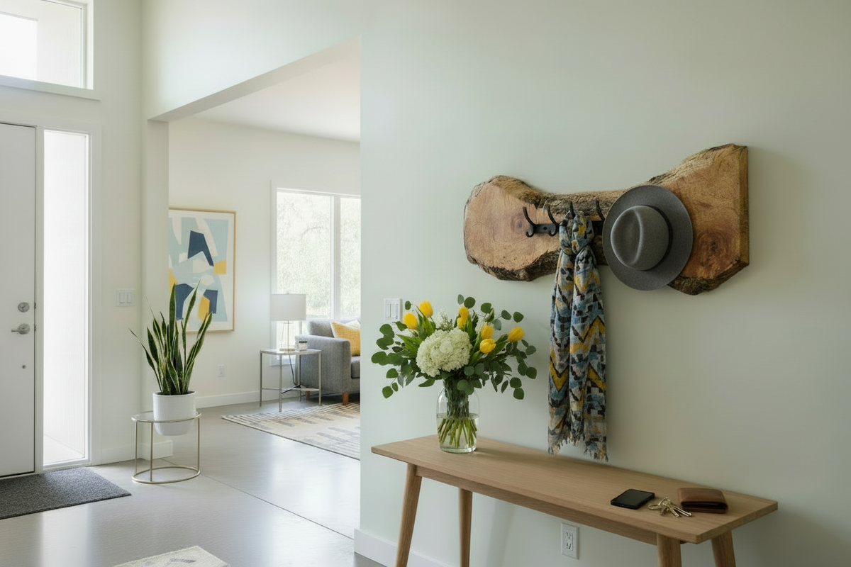 Live edge maple coat rack mounted on a wood-paneled wall, featuring 5 matte black metal hooks and natural wood grain patterns.