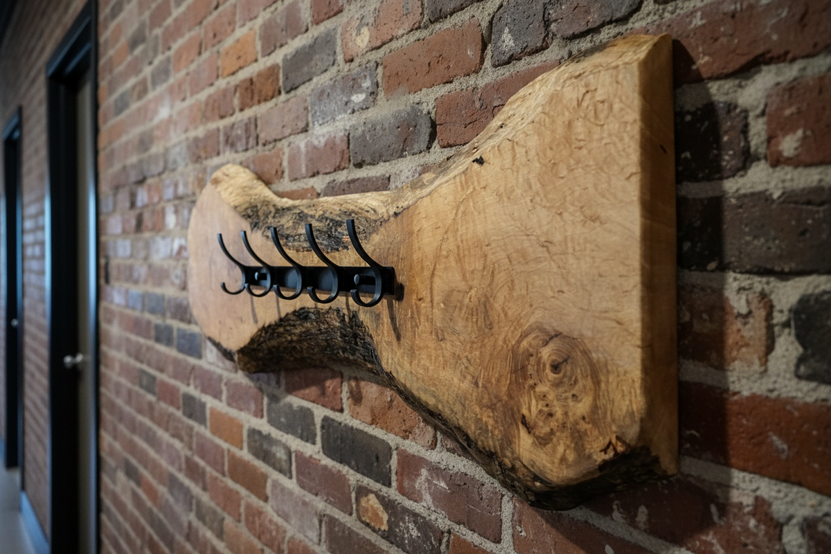 Rustic Modern Live Edge Maple Slab Wall Mount Coat Rack Organizer Wall Art