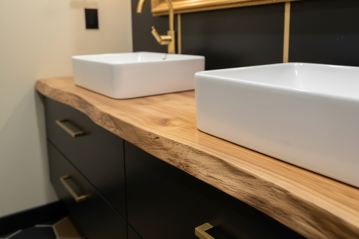 live edge english chestnut vanity top in a bathroom setting