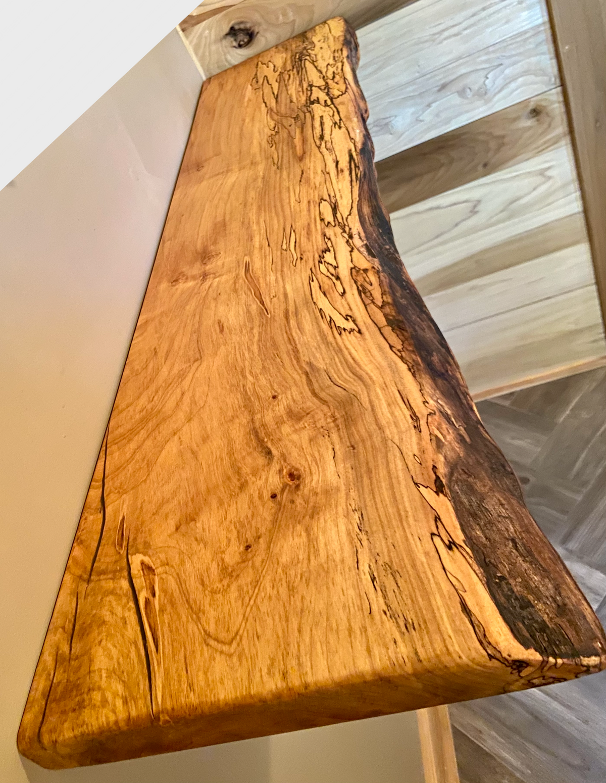 Custom live edge maple shelves with natural wood grain, handcrafted from solid maple. Ideal for rustic, modern, or farmhouse interiors.