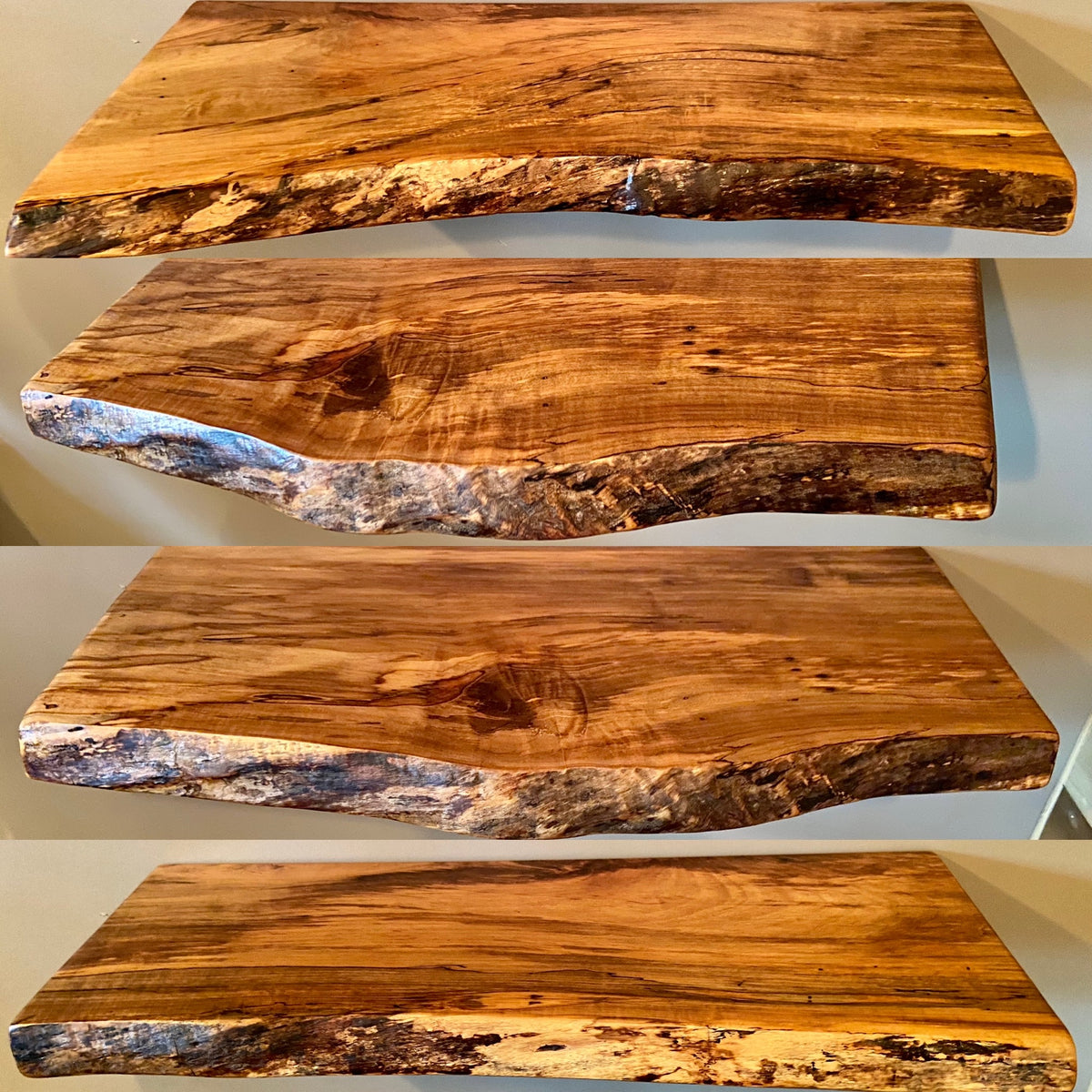 Custom live edge maple shelves with natural wood grain, handcrafted from solid maple. Ideal for rustic, modern, or farmhouse interiors.