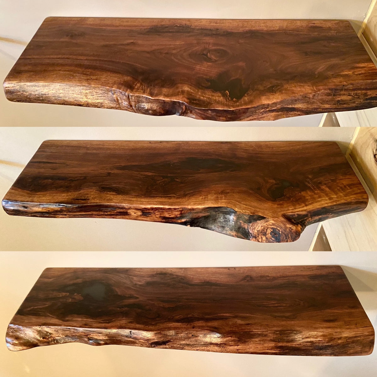Custom live edge walnut shelves featuring rich, dark brown wood grain and organic edges. Handcrafted for stylish, rustic home decor.