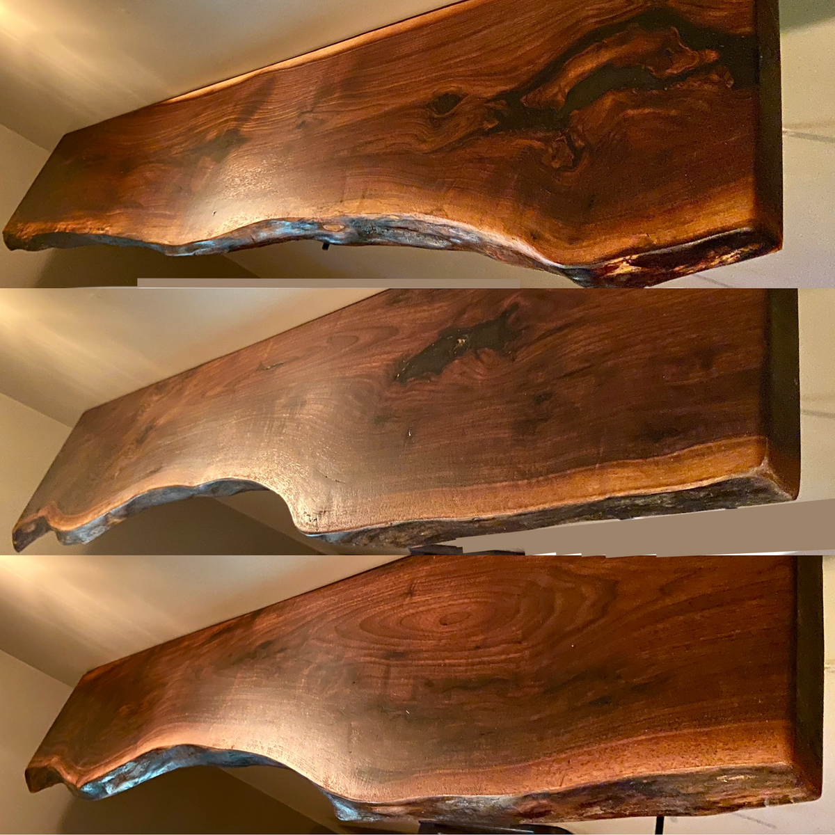 Custom live edge walnut shelves featuring rich, dark brown wood grain and organic edges. Handcrafted for stylish, rustic home decor.