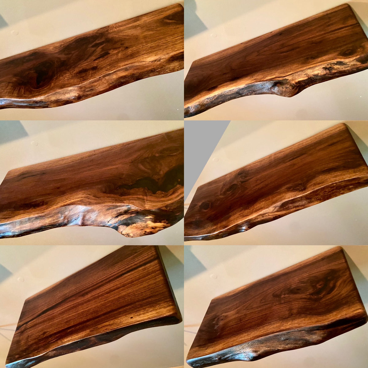 Custom live edge walnut shelves featuring rich, dark brown wood grain and organic edges. Handcrafted for stylish, rustic home decor.