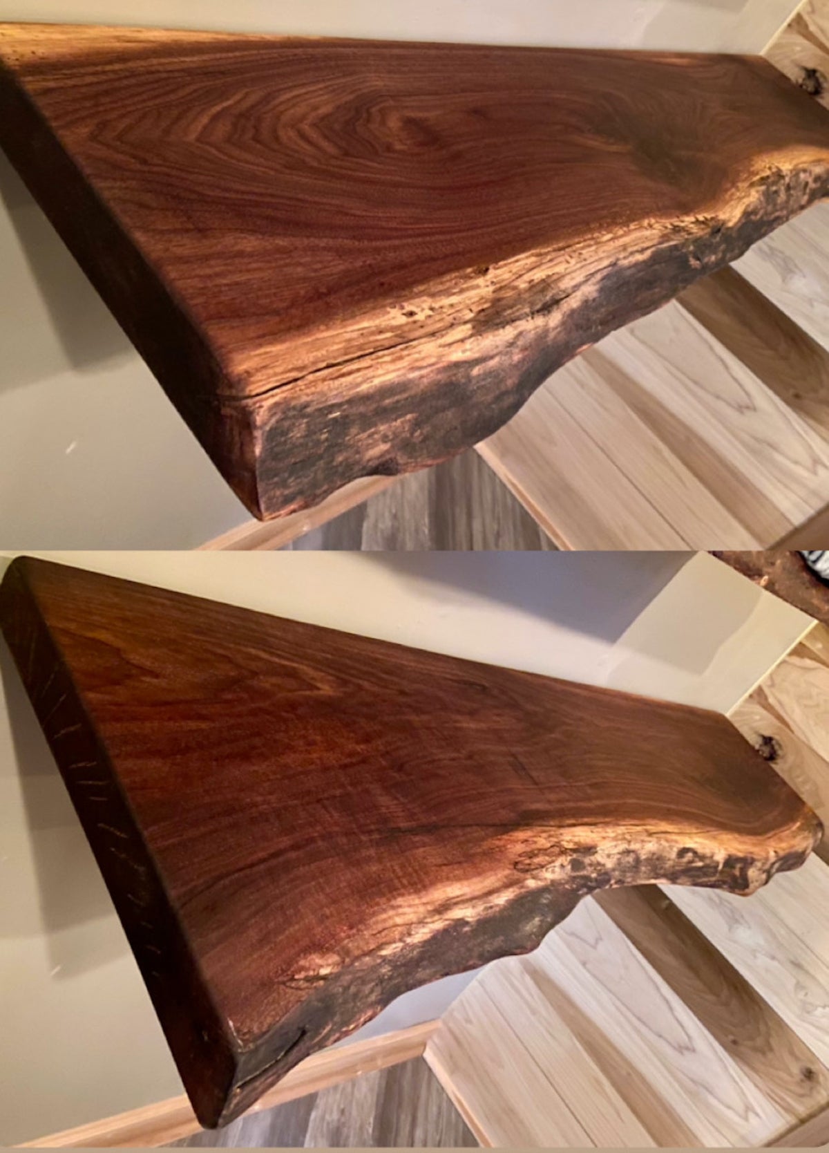 Custom live edge walnut shelves featuring rich, dark brown wood grain and organic edges. Handcrafted for stylish, rustic home decor.