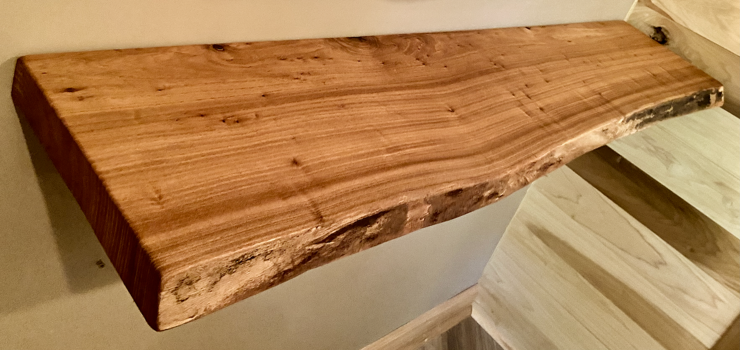 Custom live edge chestnut shelf with natural wood grain, handcrafted from solid maple. Ideal for rustic, modern, or farmhouse interiors.