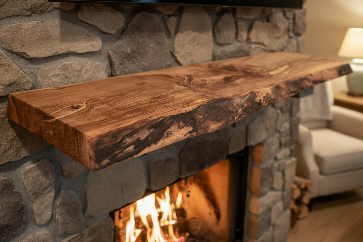 Custom live edge maple shelves with natural wood grain, handcrafted from solid maple. Ideal for rustic, modern, or farmhouse interiors.