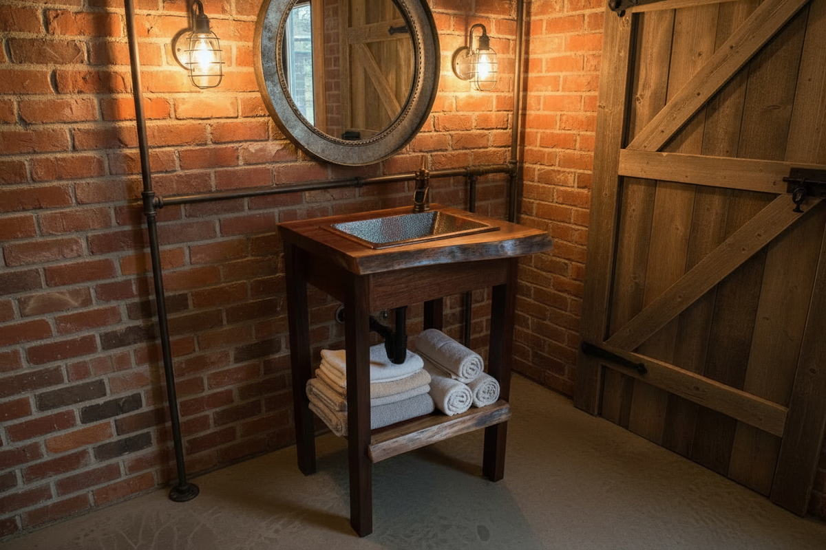 Wooden vanity with a copper sink on a tiled floor.