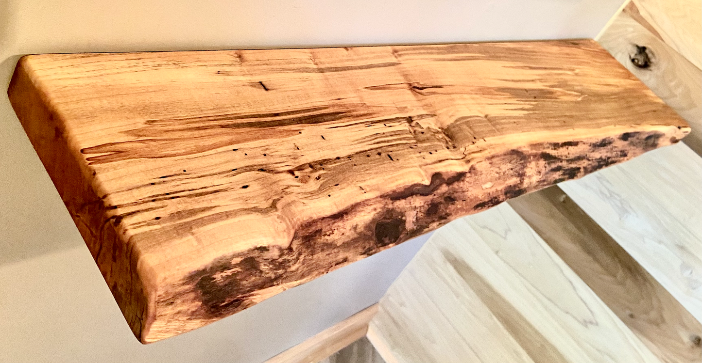 In Stock Live Edge Ambrosia Maple Wood Floating Shelf|Wormy Maple Natural Edge Wood Shelf|Curly Maple Live Edge Rustic Wood Display Shelf