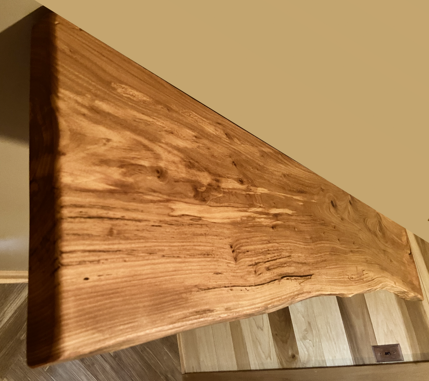 Custom live edge chestnut shelves with warm golden-brown tones and a natural edge. Solid chestnut wood, perfect for rustic and modern interiors.