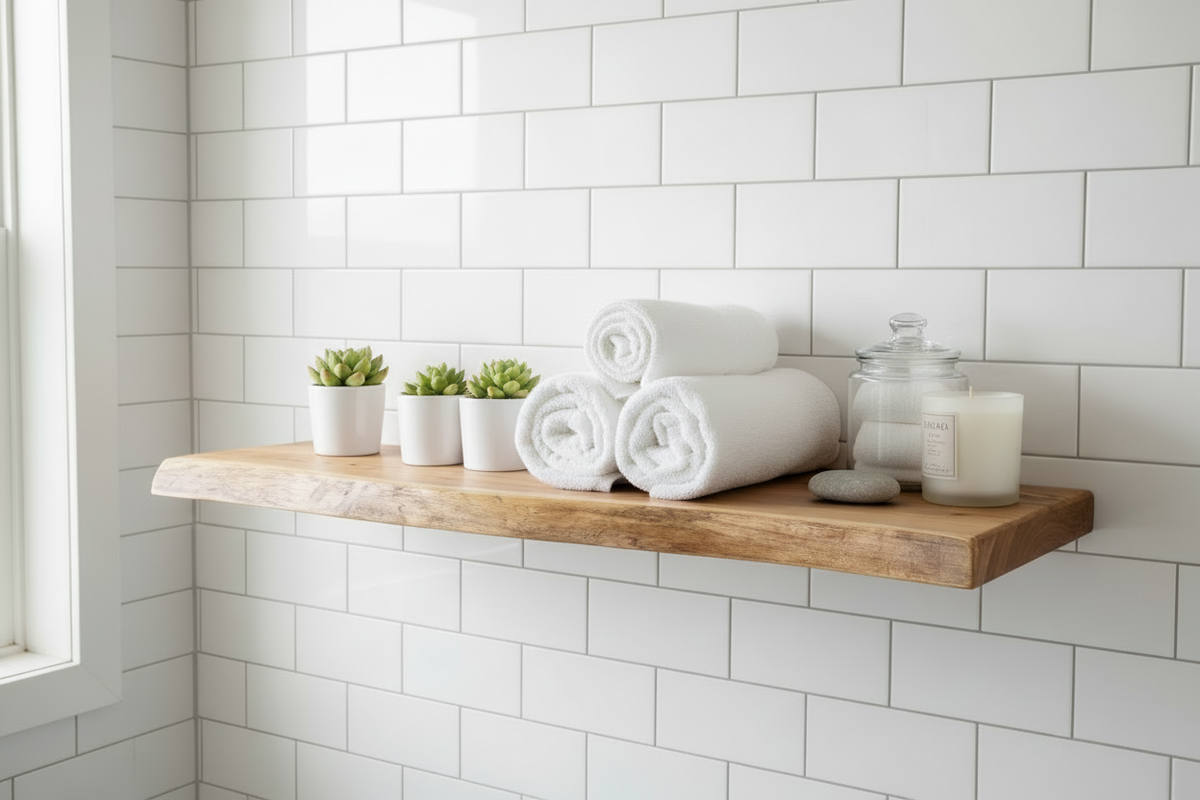 Custom live edge chestnut shelves with warm golden-brown tones and a natural edge. Solid chestnut wood, perfect for rustic and modern interiors.