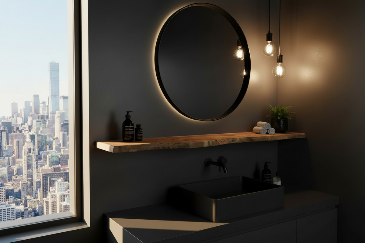 Custom live edge chestnut shelves with warm golden-brown tones and a natural edge. Solid chestnut wood, perfect for rustic and modern interiors.